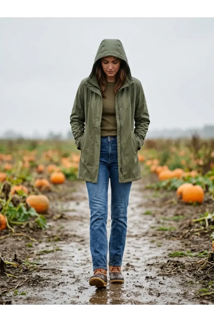 Woman in an olive rain jacket and waterproof boots standing in a muddy pumpkin patch on an overcast day