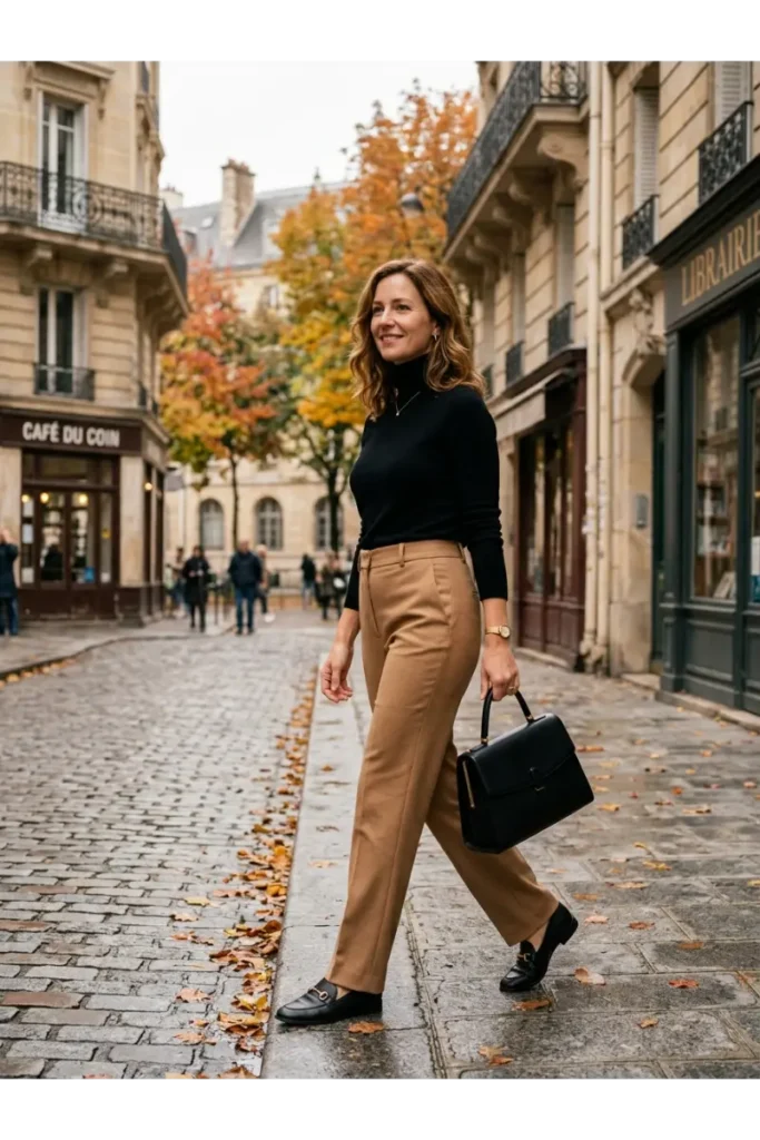 Black Turtleneck with Camel Trousers