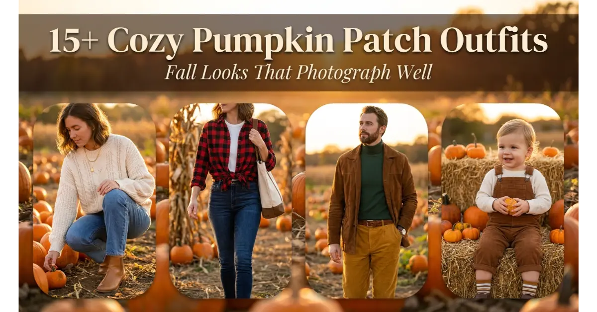 Pumpkin Patch Outfits: What to Wear for a Comfortable, Photogenic Fall Day 8 Four-section fall fashion editorial showing cream sweater, flannel, turtleneck, and overalls pumpkin patch outfits with bold "15+ Cozy Pumpkin Patch Outfits" text banner overlay