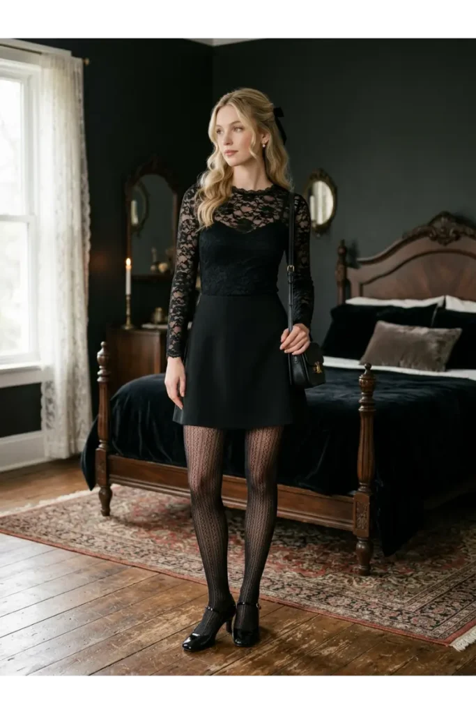 Dark Coquette Outfits: 12 Romantic & Edgy Looks to Try 2 1. Black Lace Top With a Mini Skirt