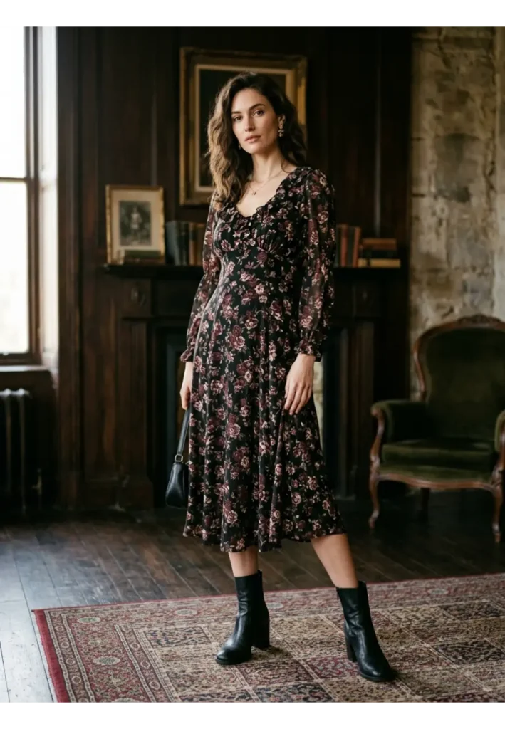 Dark Romantic Outfit: 15 Stylish Looks to Try 2 1. Dark Floral Dress with Ankle Boots