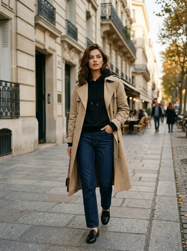 10 — Black Hoodie with a Trench Coat