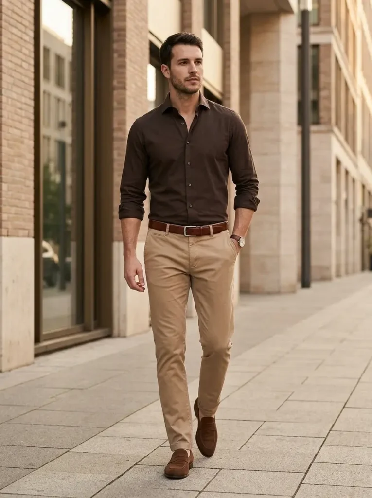 10 — Brown Shirt with Beige Trousers