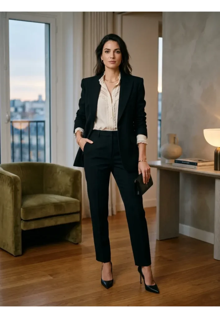 Dark Romantic Outfit: 15 Stylish Looks to Try 11 10. Black Blazer with a Romantic Blouse