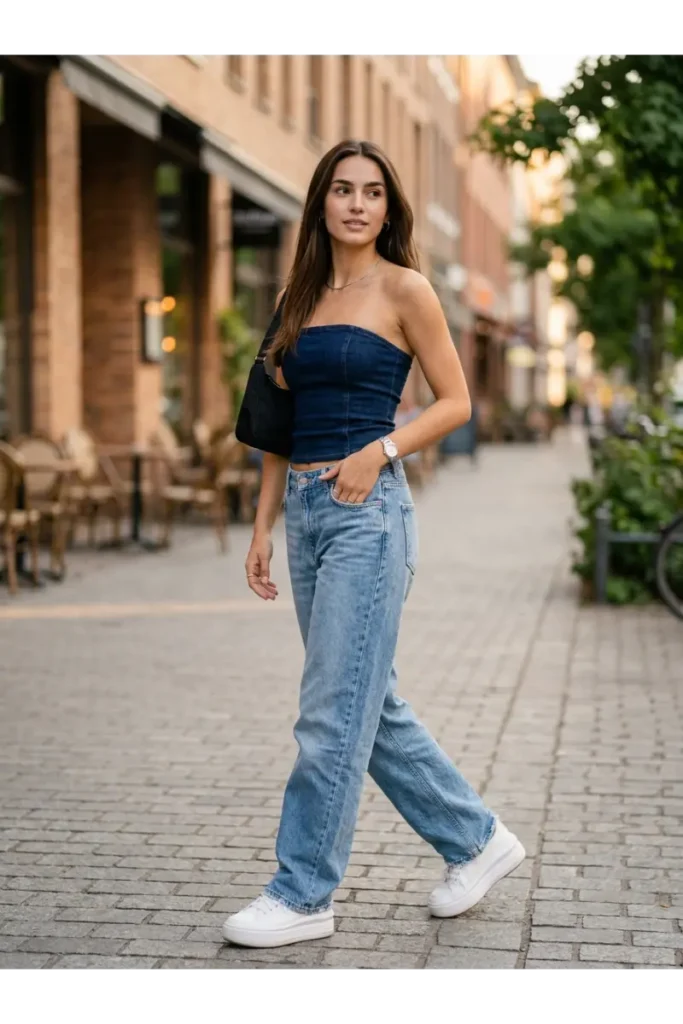 Y2K Outfits: 12 Trendy Outfit Ideas to Bring Back the 2000s 11 10. Tube Top With Baggy Jeans