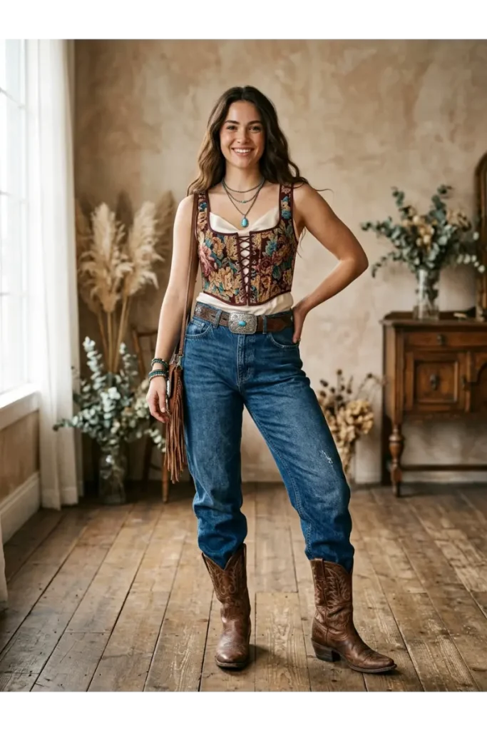 Dolly Parton Inspired Outfit: 15 Glamorous Looks to Try 11 10. Western Corset Top with Jeans