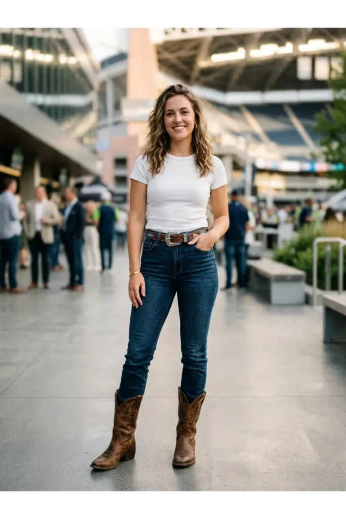 Western Football Game Outfits: 15 Stylish Looks for Game Day 11 10. White Top with Dark Denim