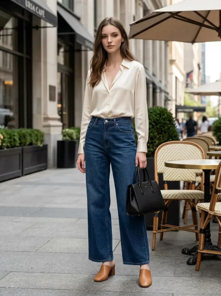 11 — Low Cut Blouse with Wide Leg Jeans