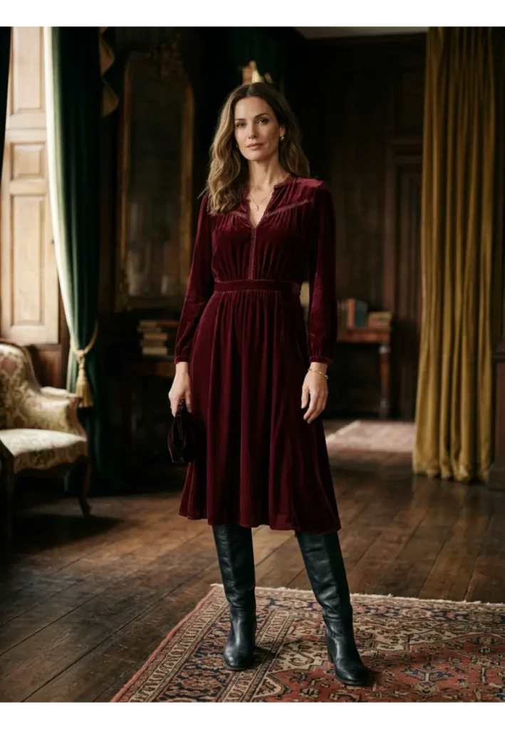 Dark Romantic Outfit: 15 Stylish Looks to Try 12 11. Burgundy Dress with Tall Boots