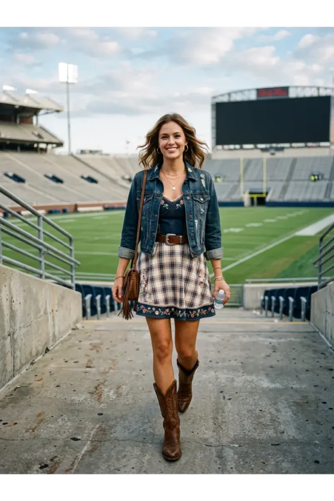 Western Football Game Outfits: 15 Stylish Looks for Game Day 12 11. Western Mini Dress with Cowboy Boots