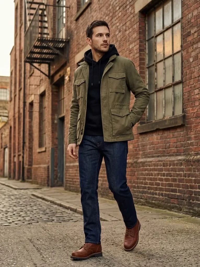 12 — Black Hoodie with a Utility Jacket