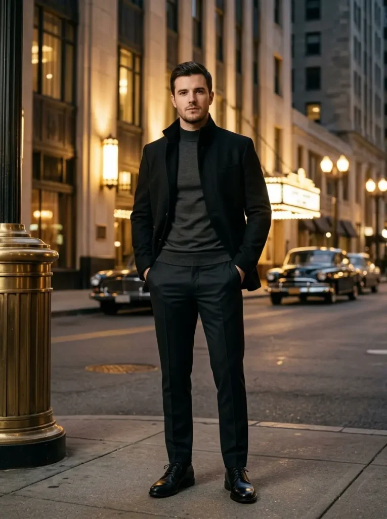 12 — High Collar Jacket with Dark Trousers