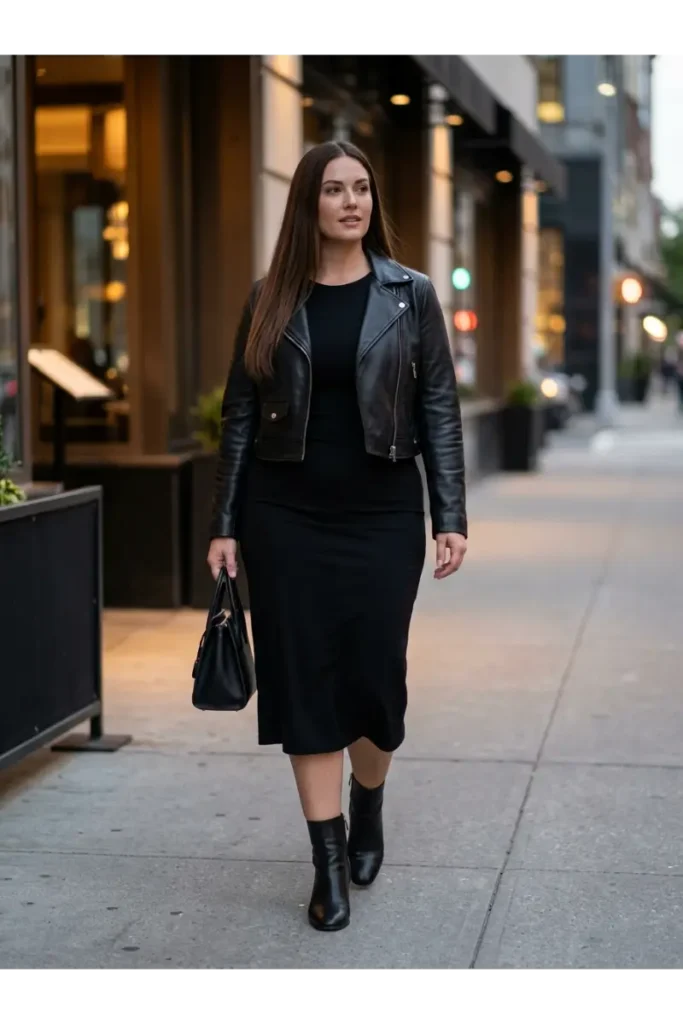 12. Leather Jacket With a Midi Dress
