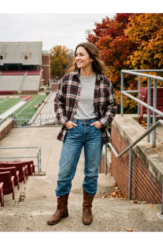 Western Football Game Outfits: 15 Stylish Looks for Game Day 13 12. Oversized Flannel with Jeans