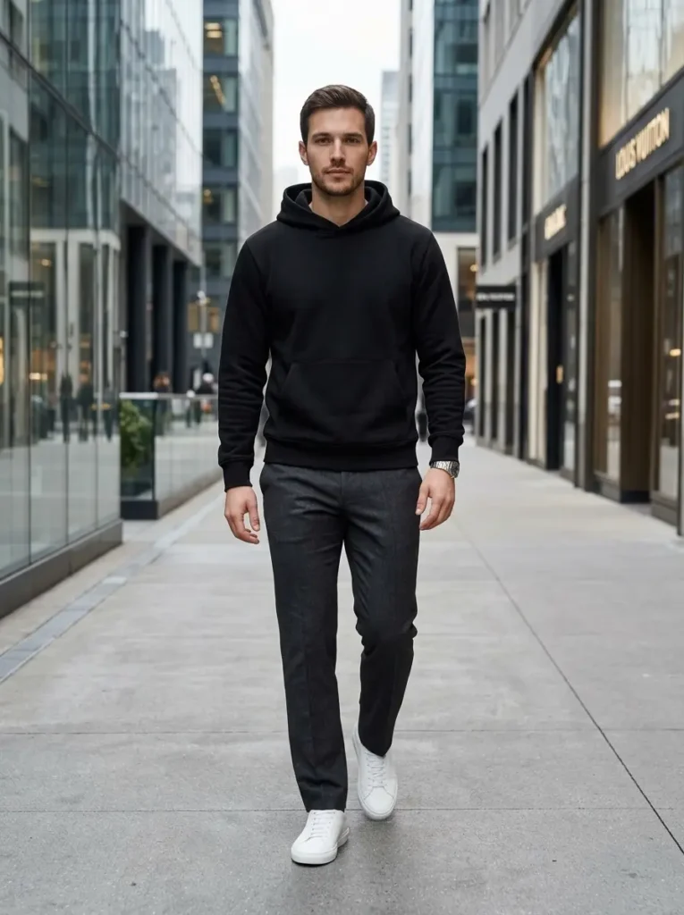 13 — Black Hoodie with Tailored Trousers