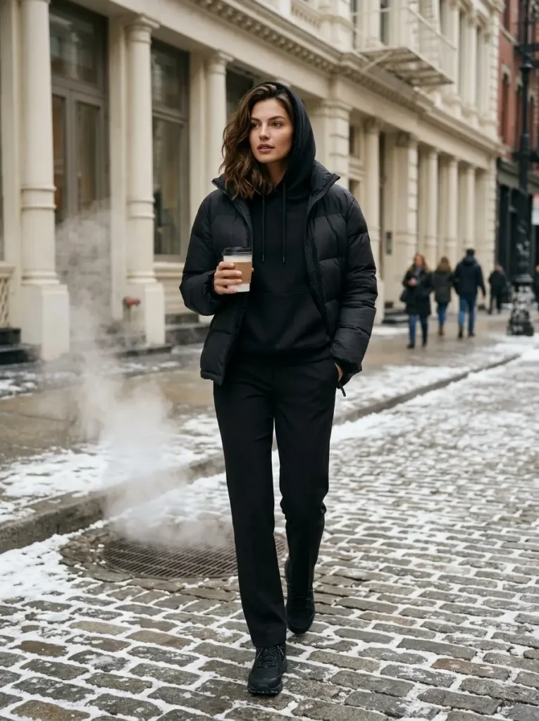13 — Black Hoodie with a Puffer Jacket