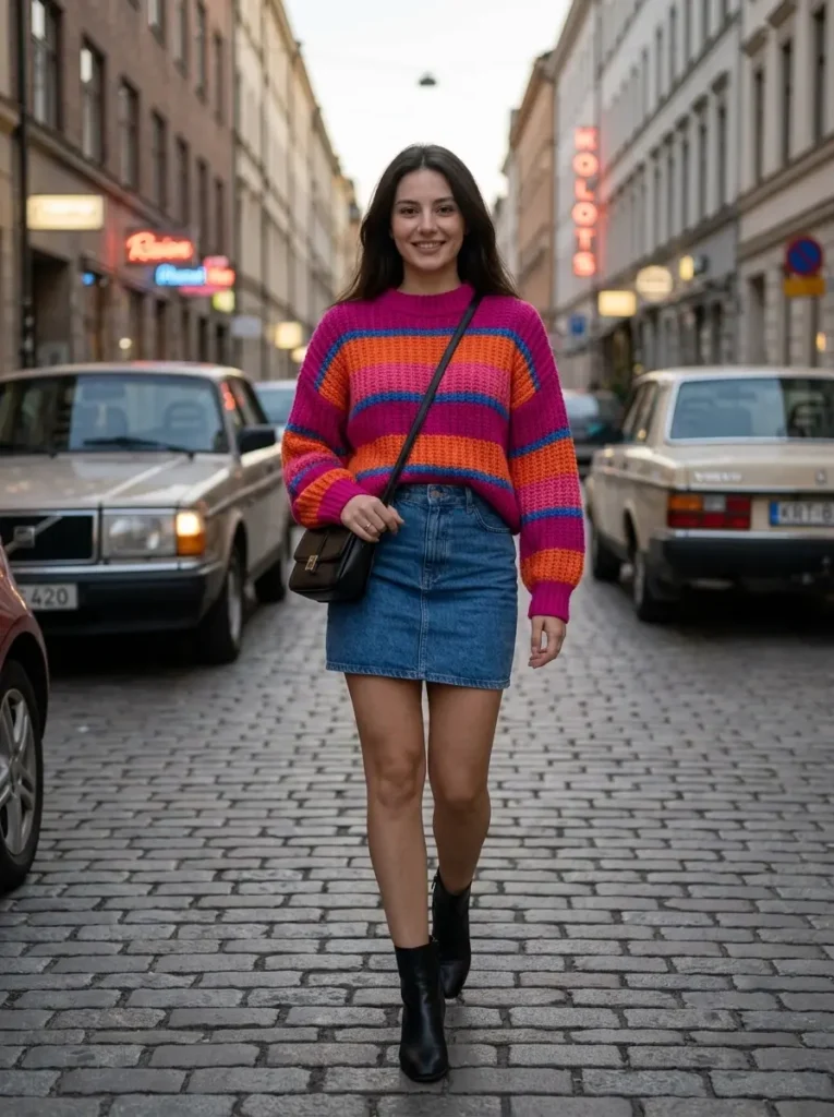 13 — Denim Skirt with a Bright Sweater