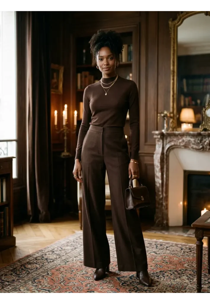 Dark Romantic Outfit: 15 Stylish Looks to Try 14 13. Dark Brown Outfit with Gold Jewelry