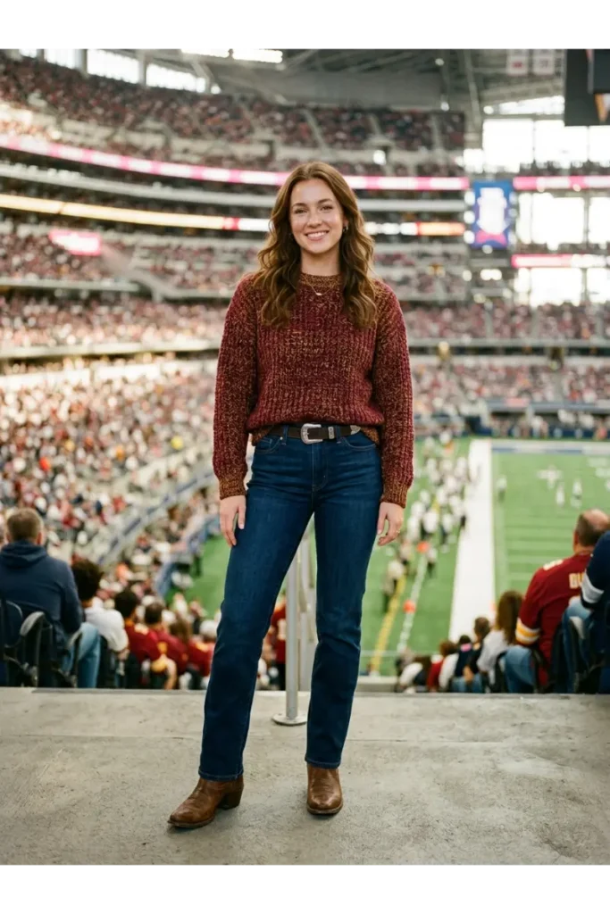 Western Football Game Outfits: 15 Stylish Looks for Game Day 14 13. Team Color Sweater with Denim