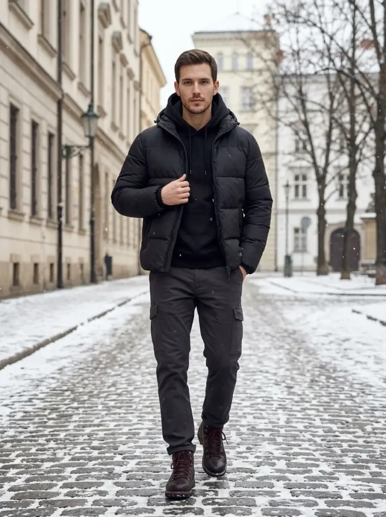 14 — Black Hoodie with a Puffer Jacket