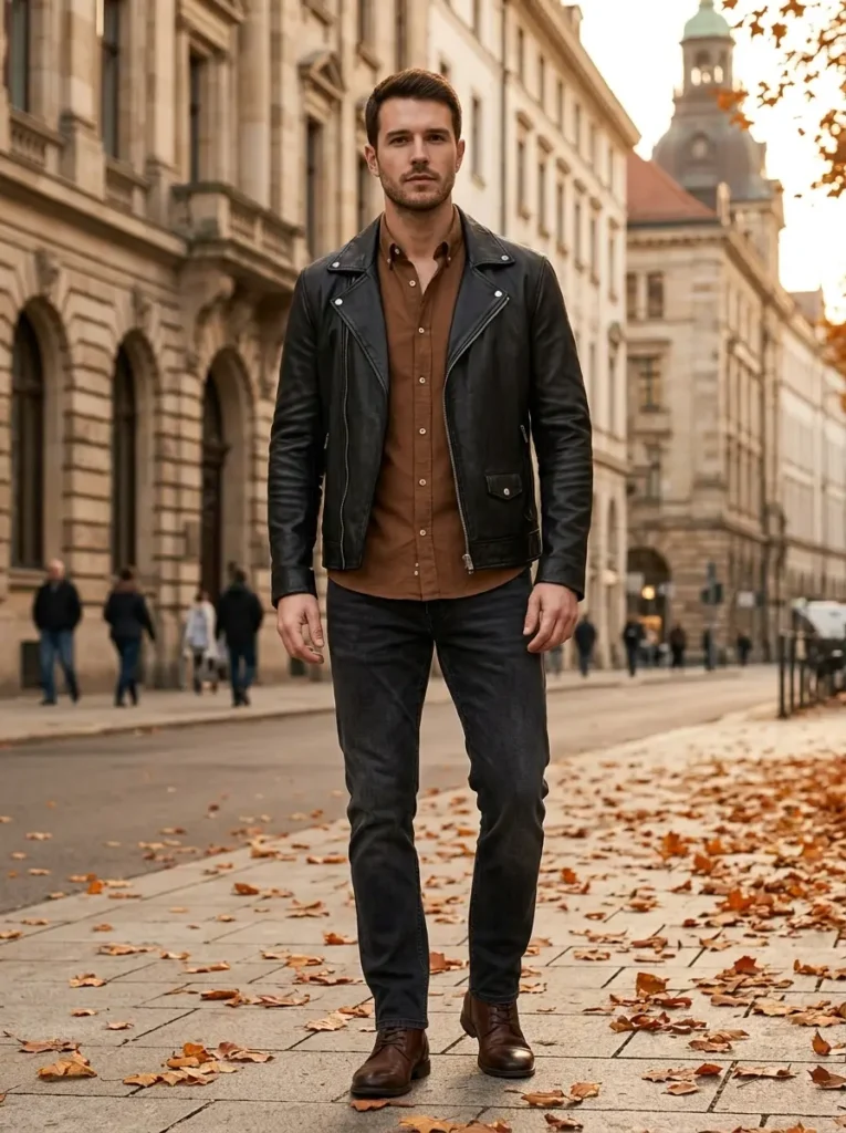14 — Brown Shirt with a Leather Jacket