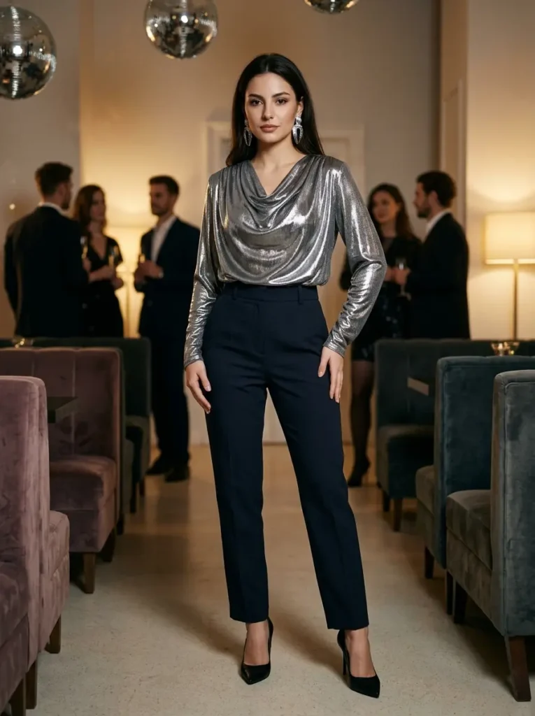 14 — Metallic Top with Tailored Pants