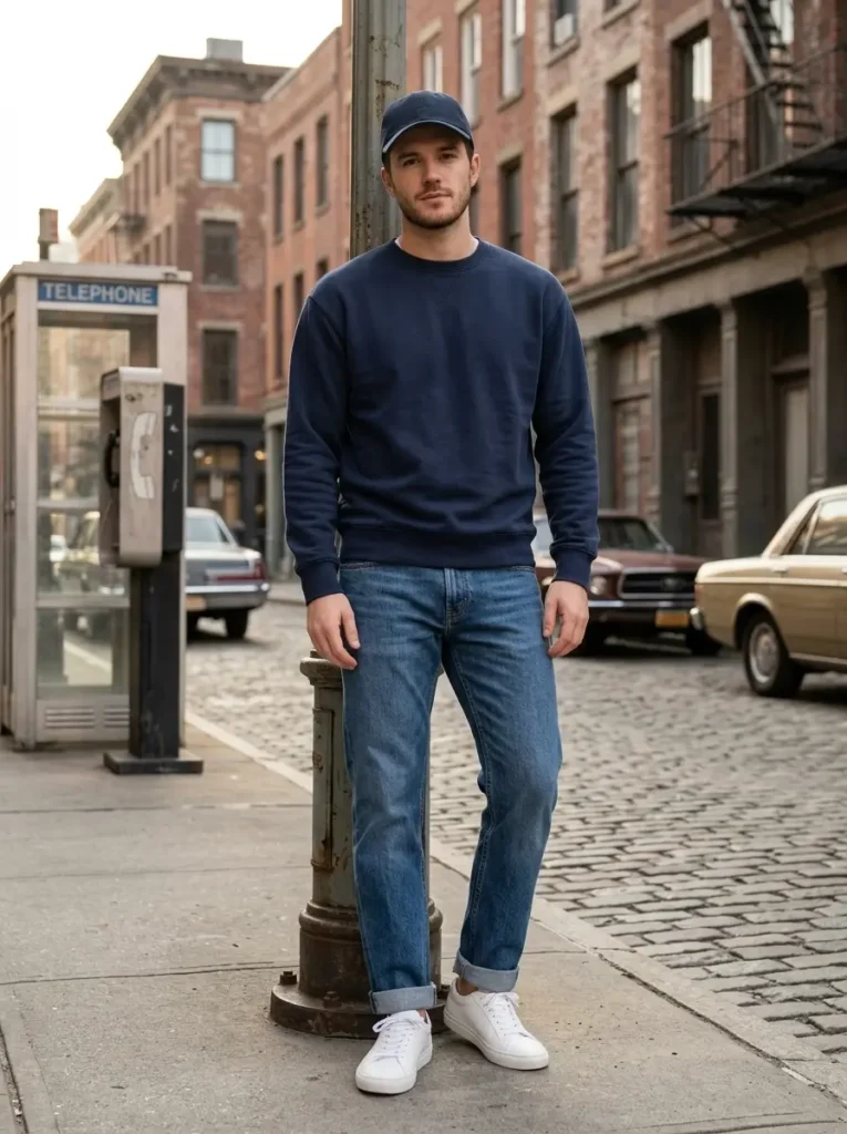 14 — White Sneakers with Cuffed Jeans and a Sweatshirt