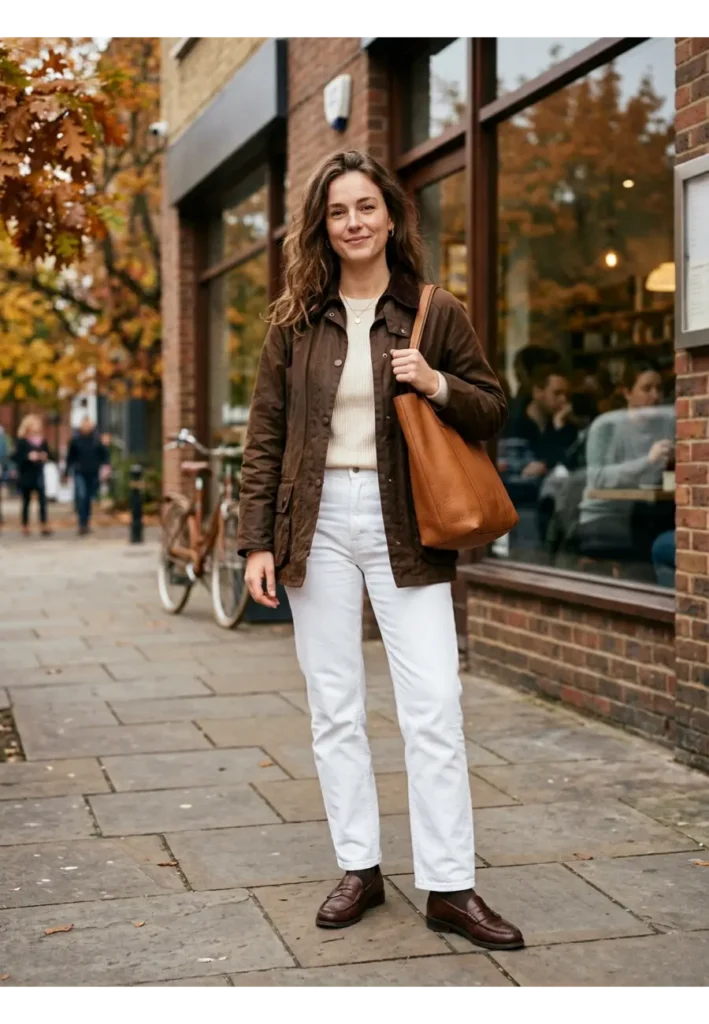 14. Barn Jacket with White Jeans