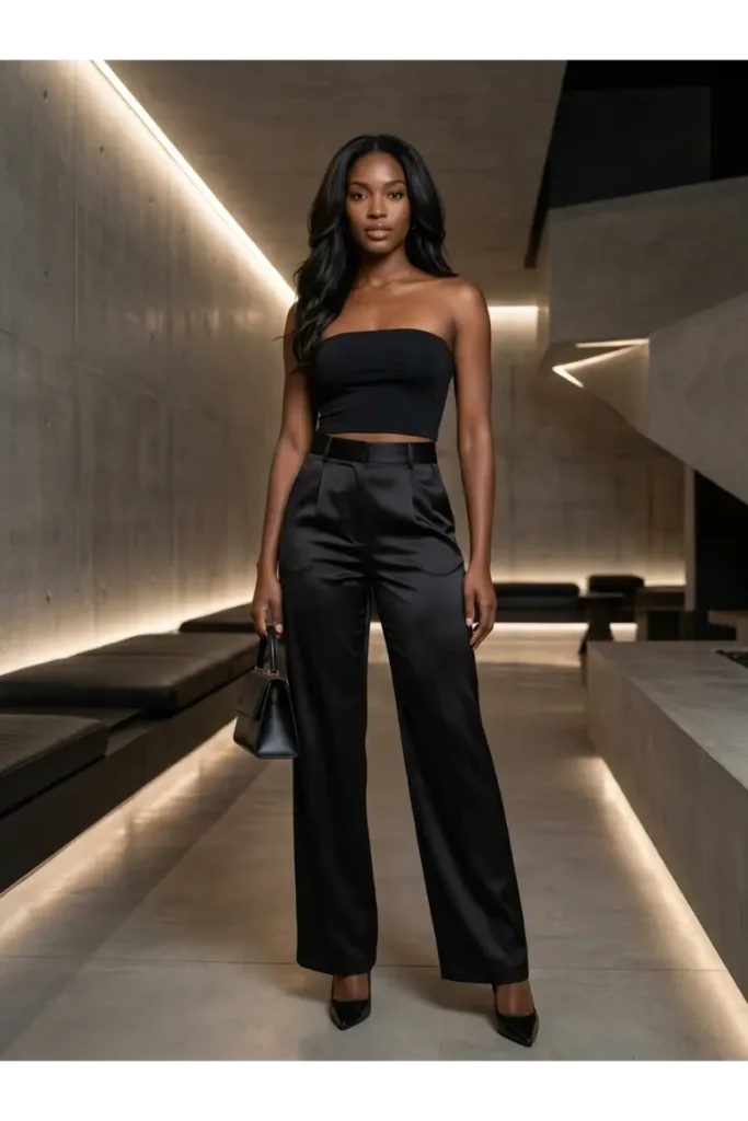 14. Black Tube Top with Wide Leg Trousers 1