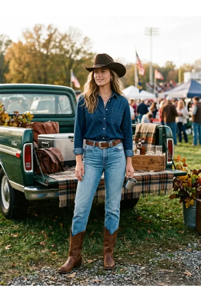 Western Football Game Outfits: 15 Stylish Looks for Game Day 15 14. Denim on Denim Western Look