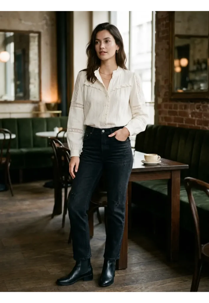 Dark Romantic Outfit: 15 Stylish Looks to Try 15 14. Romantic Blouse with Black Jeans