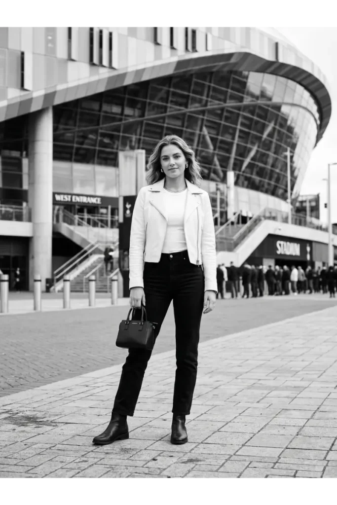 14. White Leather Jacket with Black Jeans