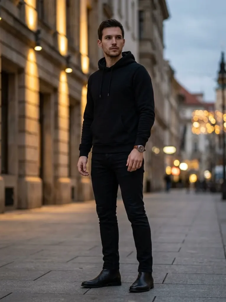 15 — Black Hoodie with Black Denim and Chelsea Boots