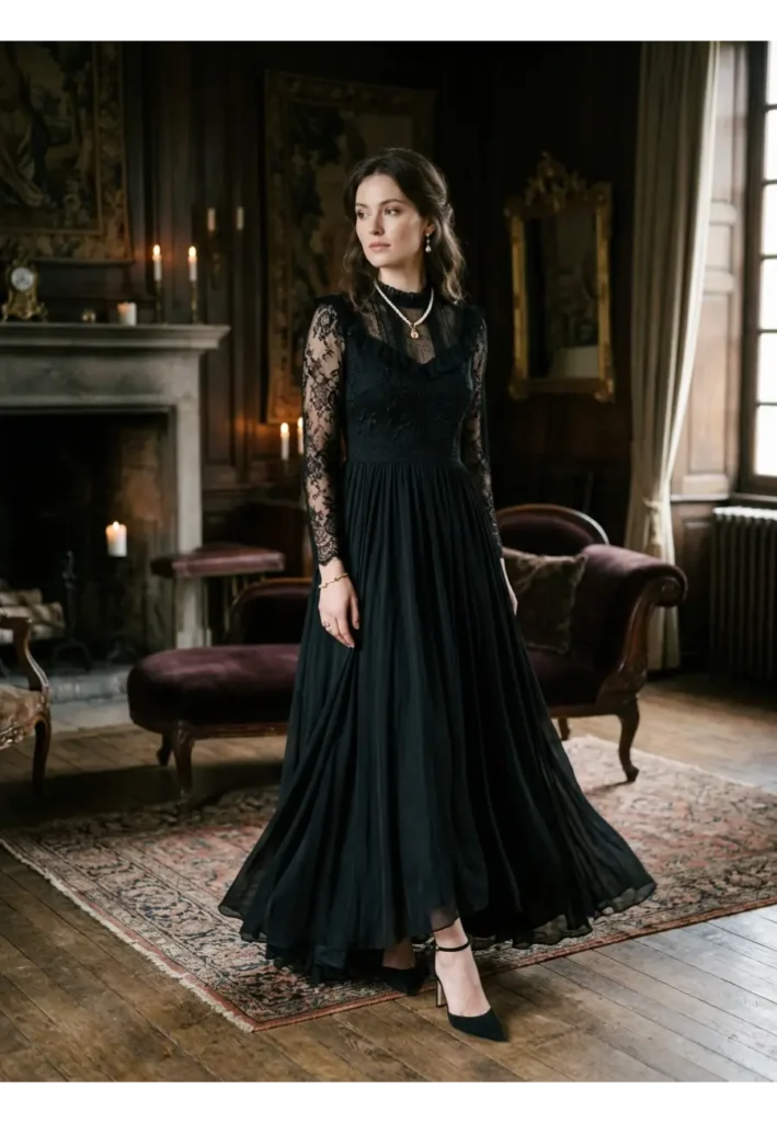 Dark Romantic Outfit: 15 Stylish Looks to Try 16 15. Black Dress with Delicate Accessories