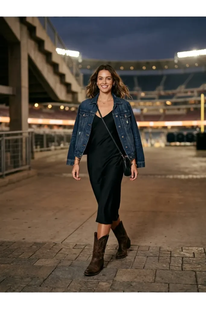 Western Football Game Outfits: 15 Stylish Looks for Game Day 16 15. Black Dress with Western Boots