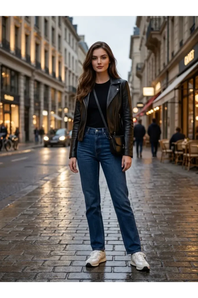 Dad Sneakers Outfit: 15 Stylish Ways to Wear Them in 2026 16 15. Dad Sneakers with a Leather Jacket