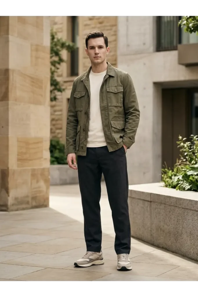 15. Dad Sneakers with a Utility Jacket