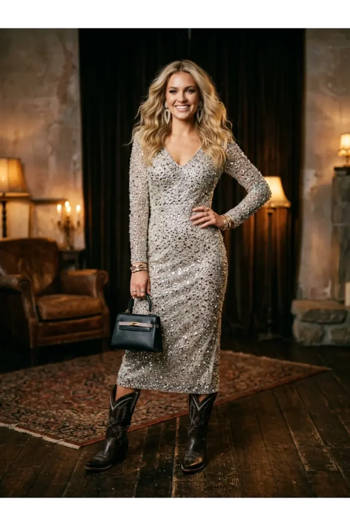Dolly Parton Inspired Outfit: 15 Glamorous Looks to Try 16 15. Rhinestone Dress with Western Boots