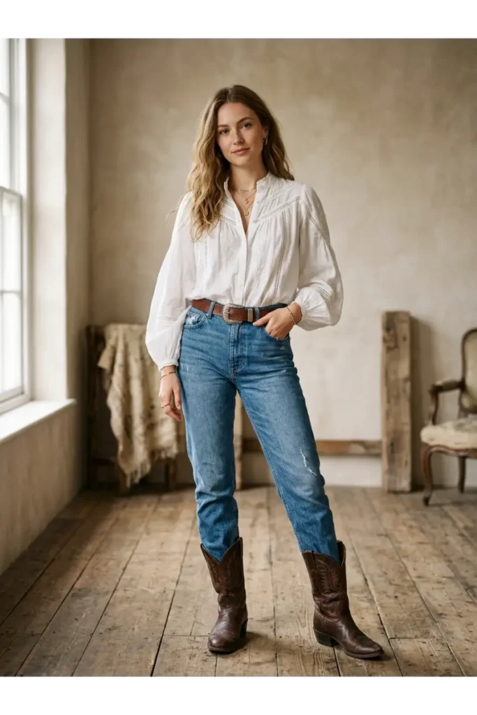 Dolly Parton Inspired Outfit: 15 Glamorous Looks to Try 3 2. White Blouse with Denim