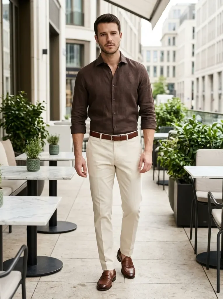 3 — Brown Shirt with Cream or White Pants