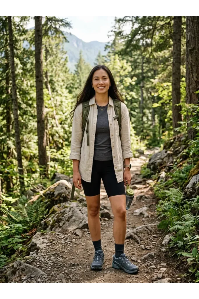 Hiking Outfit Women: 12 Stylish and Practical Hiking Outfit Ideas 4 3. Bike Shorts and an Oversized Shirt