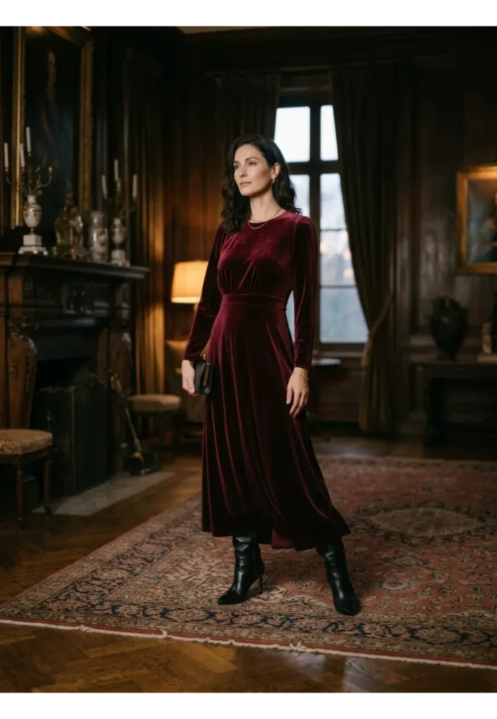 Dark Romantic Outfit: 15 Stylish Looks to Try 4 3. Velvet Dress with Heeled Boots