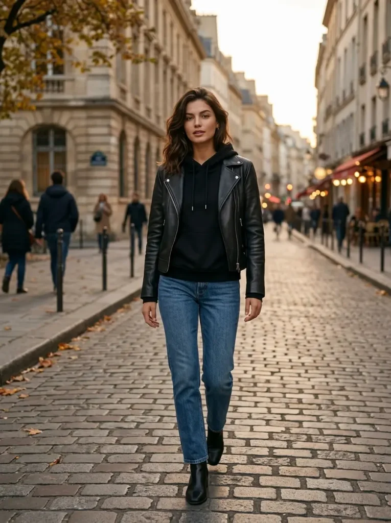 4 — Black Hoodie with Leather Jacket