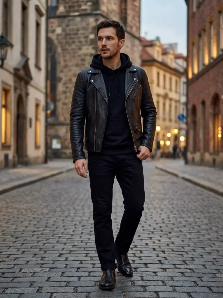 4 — Black Hoodie with a Leather Jacket