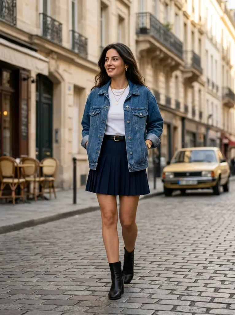 4 — Denim Jacket with a Pleated Skirt
