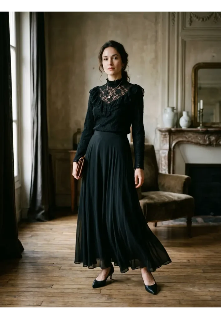 Dark Romantic Outfit: 15 Stylish Looks to Try 5 4. Black Maxi Skirt with a Fitted Top
