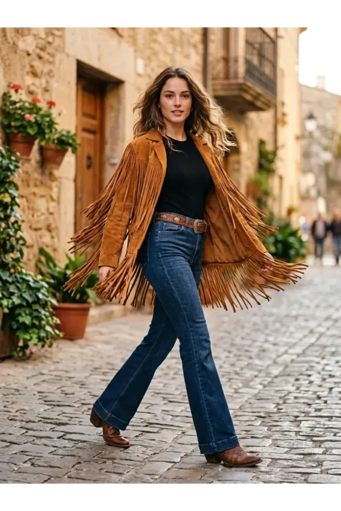 Dolly Parton Inspired Outfit: 15 Glamorous Looks to Try 5 4. Fringe Jacket with Flared Jeans