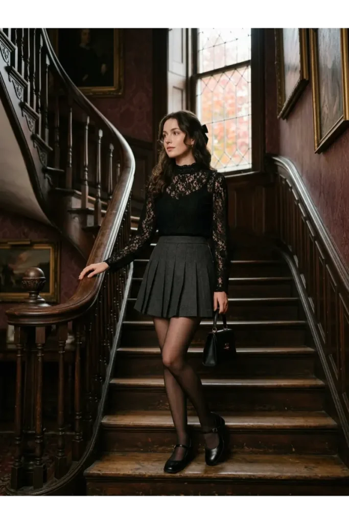 Dark Coquette Outfits: 12 Romantic & Edgy Looks to Try 5 4. Lace Blouse With a Pleated Skirt