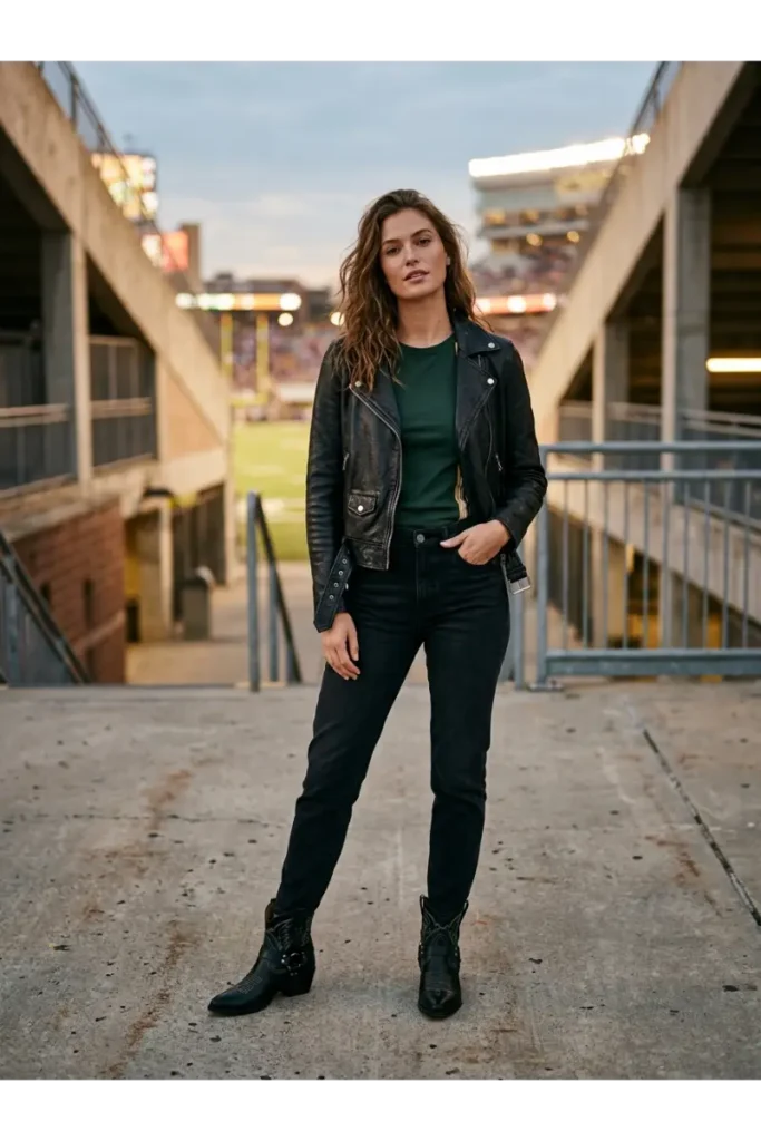 Western Football Game Outfits: 15 Stylish Looks for Game Day 5 4. Leather Jacket with a Team Tee