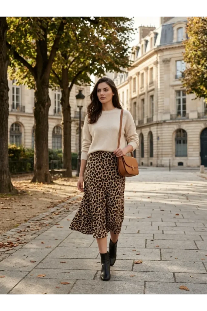 4. Leopard Print Skirt with a Knit Sweater